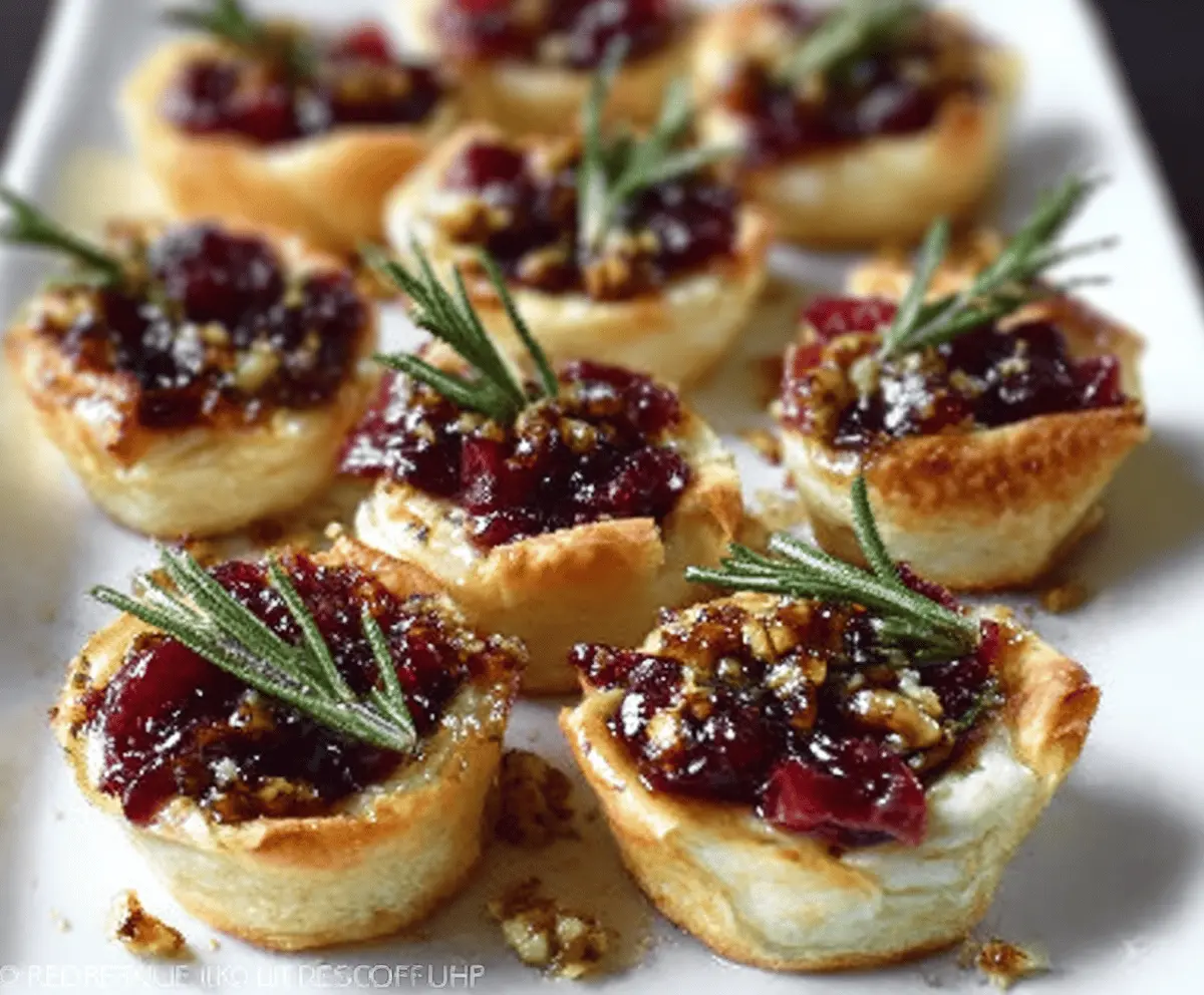 Delicious baked cranberry brie bites served on a decorative platter, perfect for holiday parties.