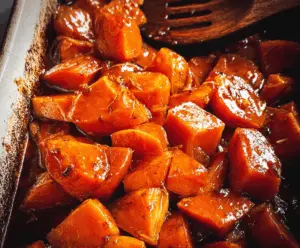 Delicious candied yams with caramelized edges served on a white plate.