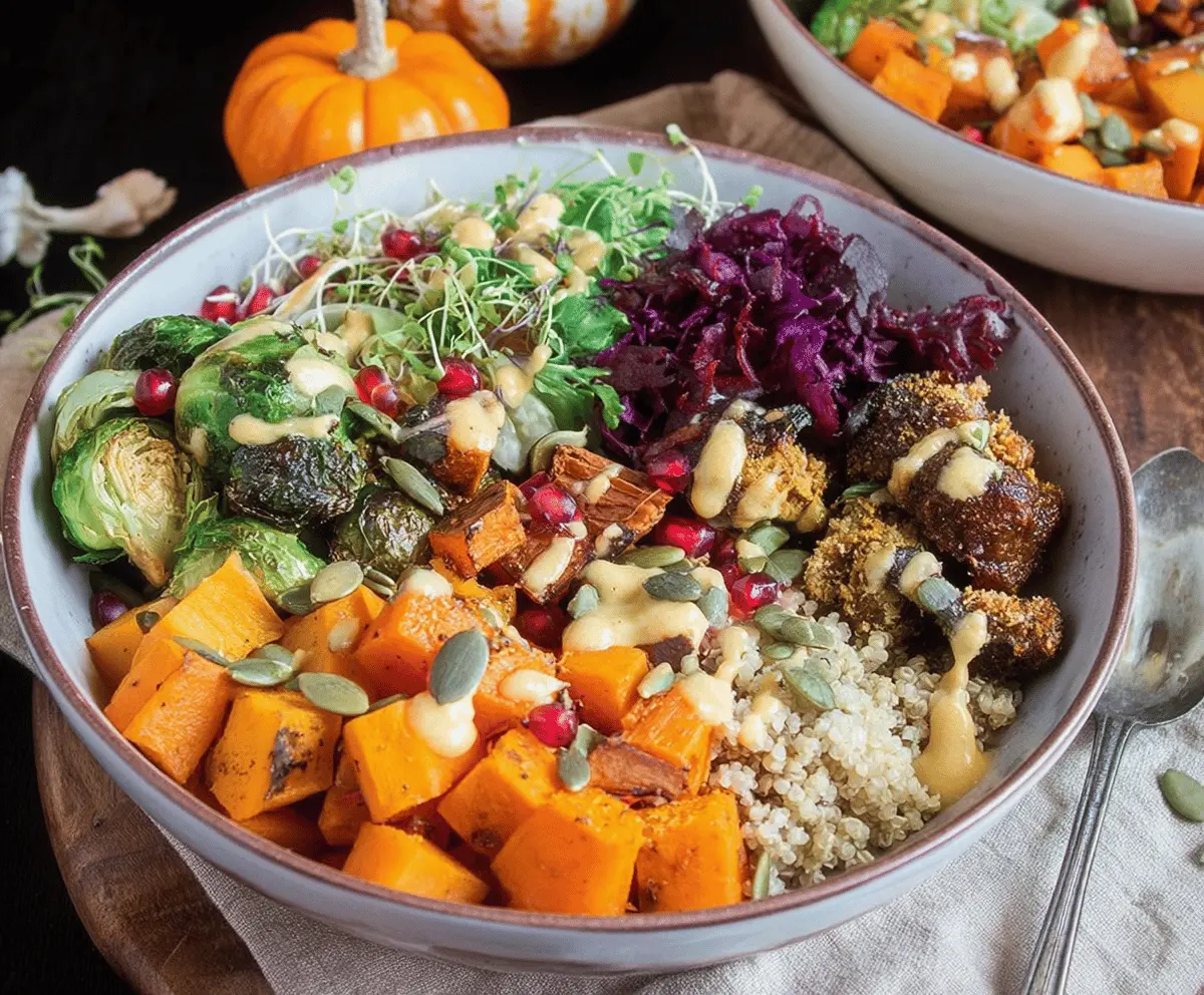 Colorful Buddha Bowl with seasonal fall vegetables, grains, and fresh greens for a festive autumn meal.