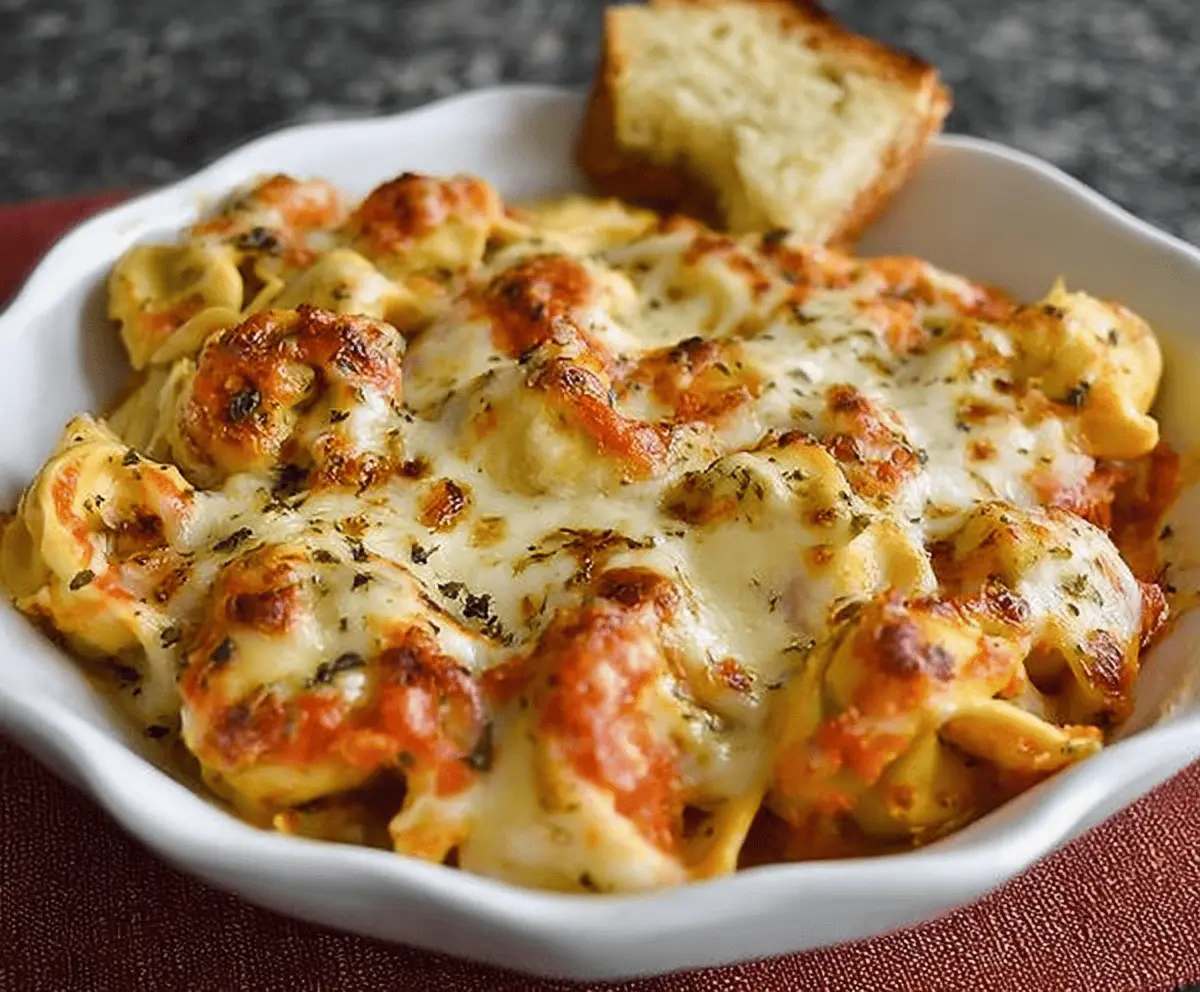 Delicious cheesy baked tortellini pasta topped with melted cheese and fresh herbs, served in a white bowl for a comforting Italian-inspired meal.