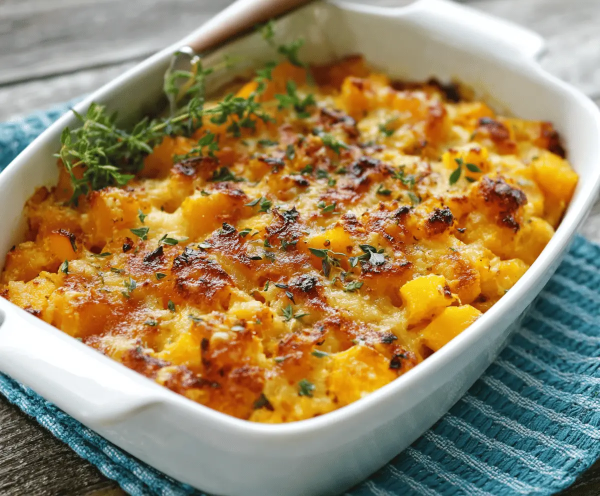 Creamy Cheesy Butternut Squash Casserole topped with golden melted cheese and crispy breadcrumbs, perfect for a comforting fall side dish.