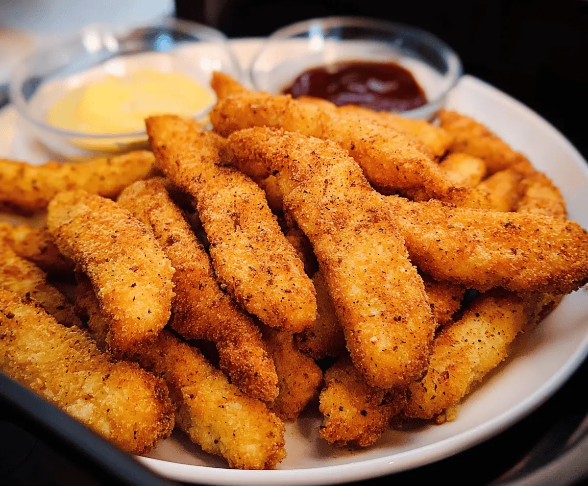 Crispy homemade chicken fries cooked in an air fryer, served with dipping sauces on a plate
