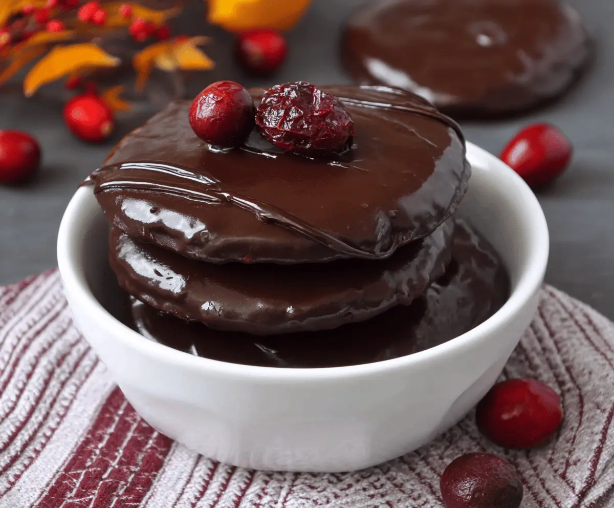 Delicious chocolate-covered cranberry sauce garnished with fresh cranberries and mint leaves, perfect for festive desserts
