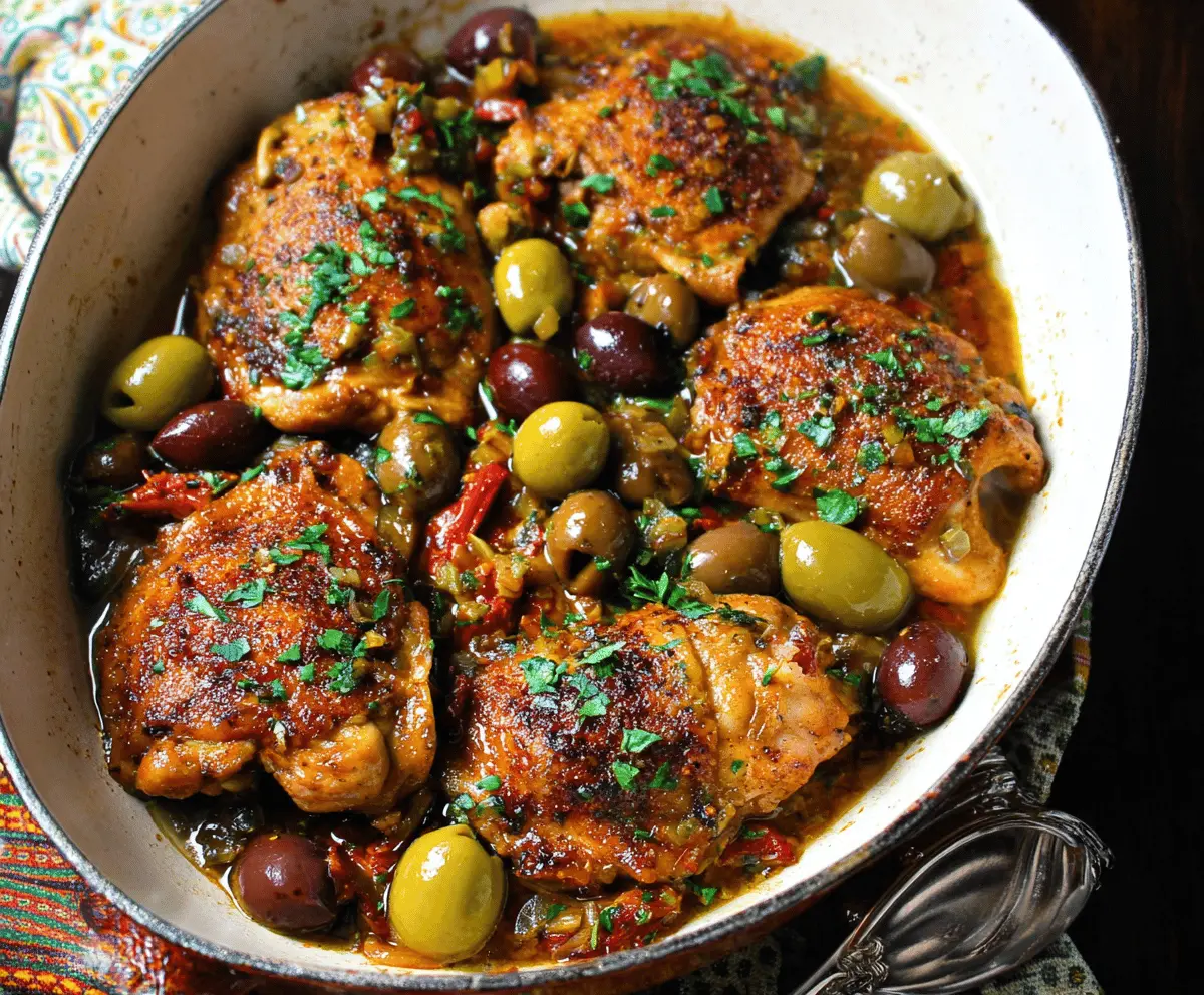 Delicious Crazy Good Chicken and Olives served on a plate, featuring tender chicken pieces cooked with green olives and herbs, perfect for a flavorful Mediterranean meal.