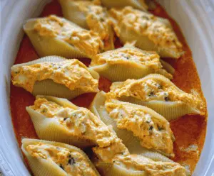Creamy pumpkin ricotta stuffed shells baked to perfection, topped with melted cheese and fresh herbs for a delicious fall-inspired pasta dish.