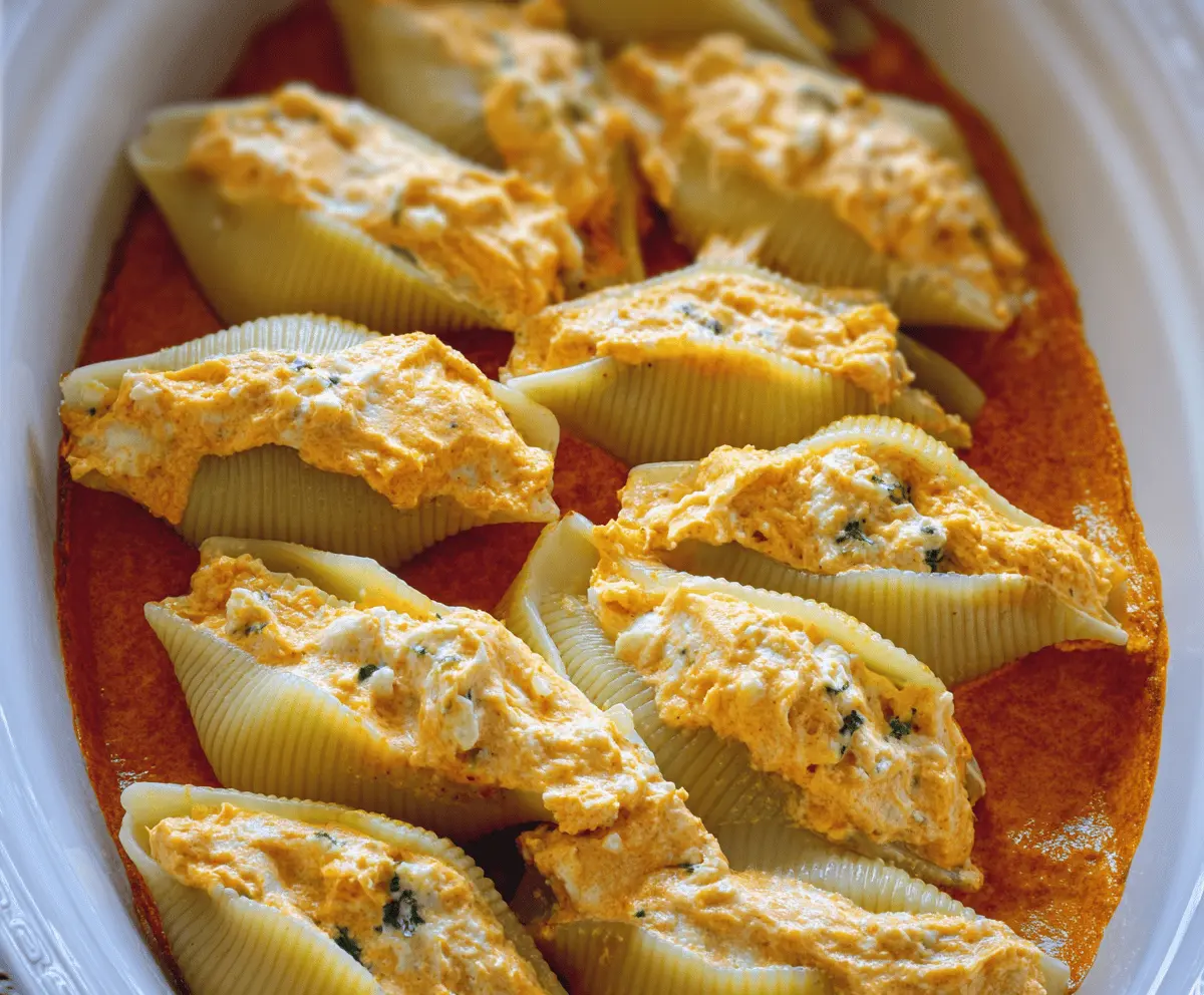 Creamy pumpkin ricotta stuffed shells baked to perfection, topped with melted cheese and fresh herbs for a delicious fall-inspired pasta dish.