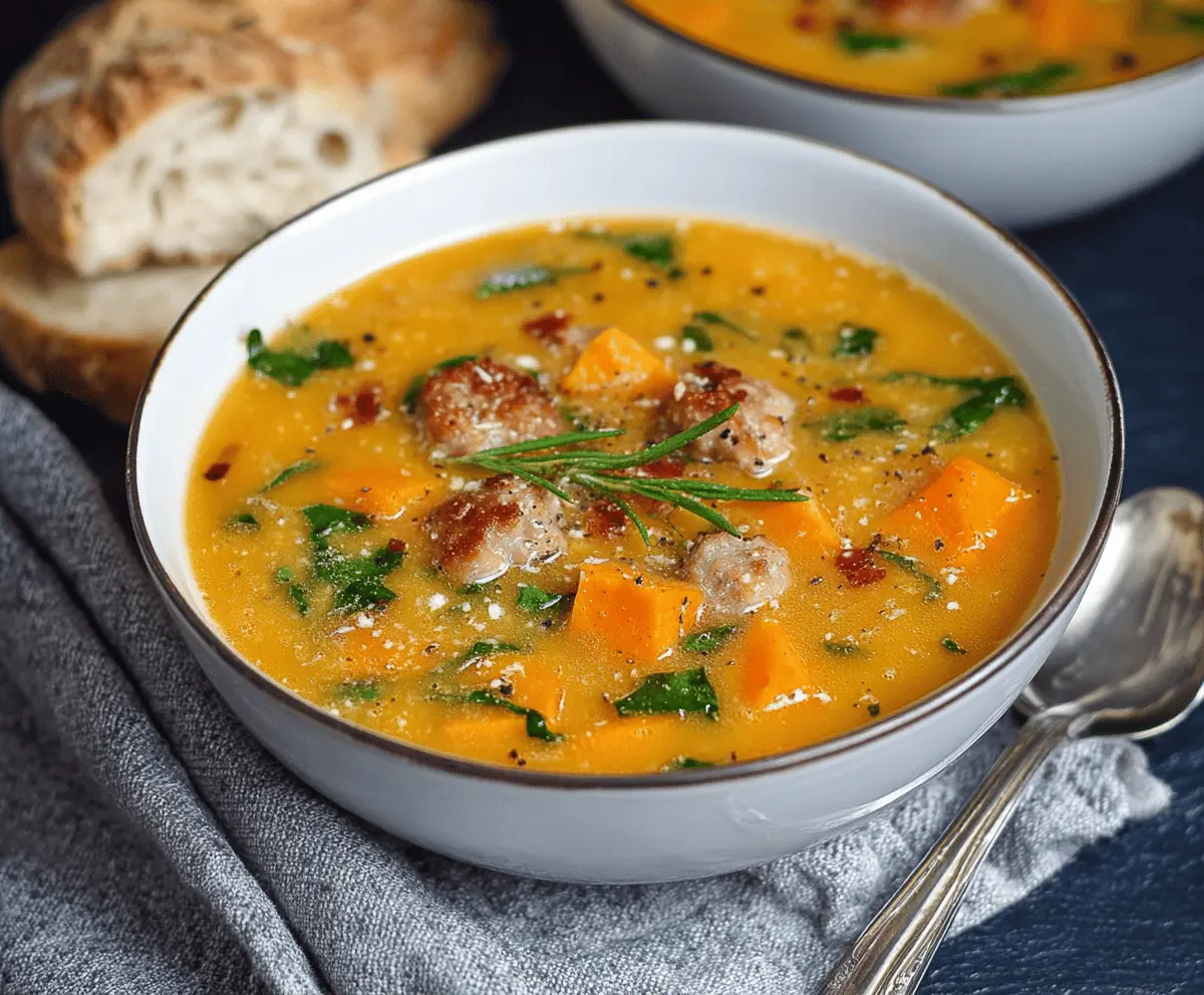 Creamy sweet potato and sausage soup in a bowl garnished with herbs, showcasing a hearty and flavorful fall-inspired meal.