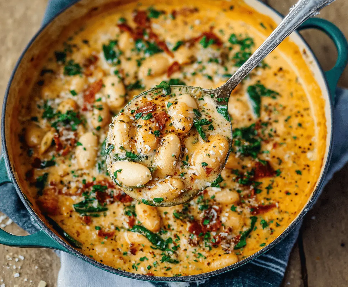 Creamy Tuscan Marry Me Butter Beans in a bowl topped with fresh herbs, showcasing a flavorful and savory vegetarian dish
