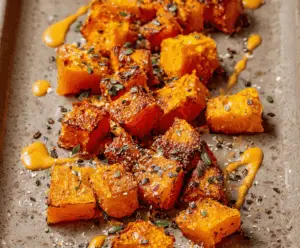 Golden, crispy roasted butternut squash cubes garnished with fresh herbs, perfect for a healthy and delicious side dish.