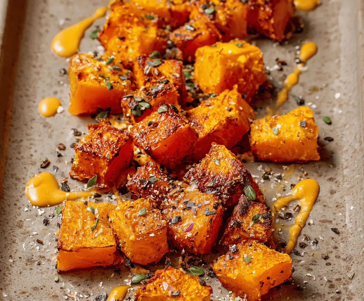 Golden, crispy roasted butternut squash cubes garnished with fresh herbs, perfect for a healthy and delicious side dish.
