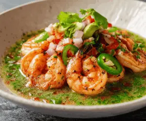 Delicious Culichi Salsa Shrimp served with fresh cilantro and lime on a vibrant plate, perfect for seafood lovers
