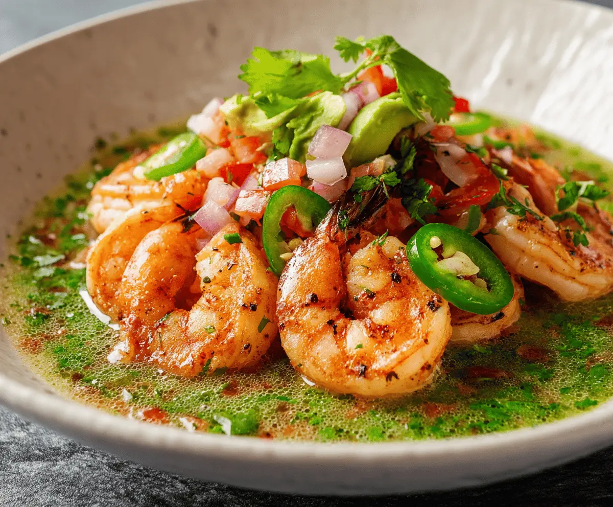 Delicious Culichi Salsa Shrimp served with fresh cilantro and lime on a vibrant plate, perfect for seafood lovers