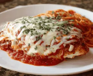 Delicious homemade Easy Chicken Parmesan dish with crispy breaded chicken, marinara sauce, melted mozzarella, and fresh basil served on a plate