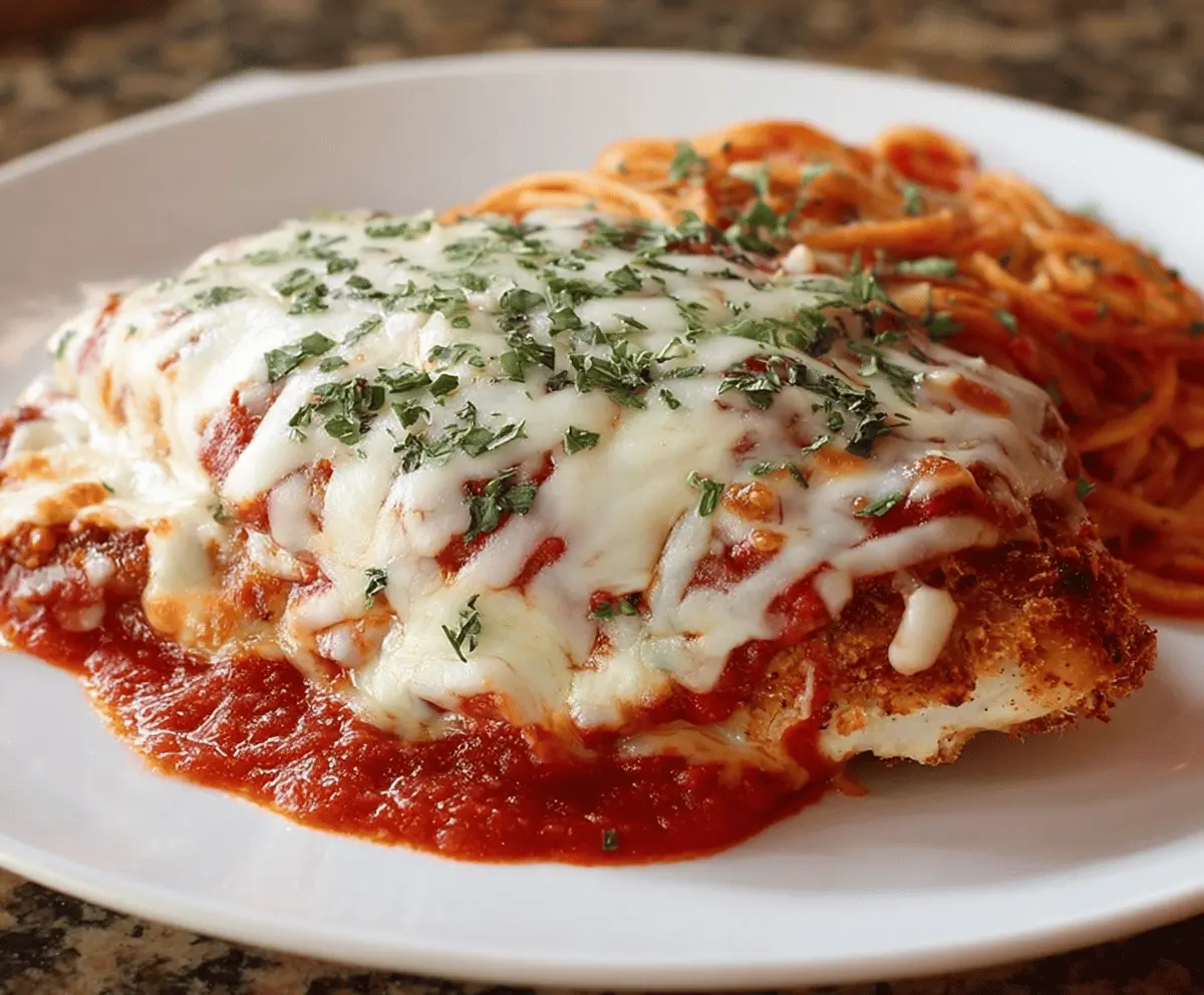Delicious homemade Easy Chicken Parmesan dish with crispy breaded chicken, marinara sauce, melted mozzarella, and fresh basil served on a plate
