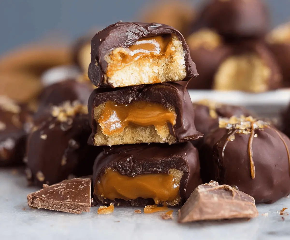 Delicious homemade Twix bites with crunchy cookie base, caramel layer, and smooth chocolate coating on a white background