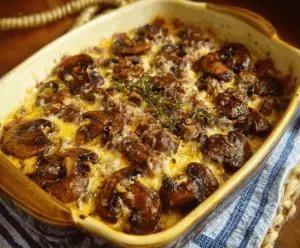 Delicious Hamburger Mushroom Bake topped with melted cheese, fresh herbs, and sliced mushrooms, served in a casserole dish