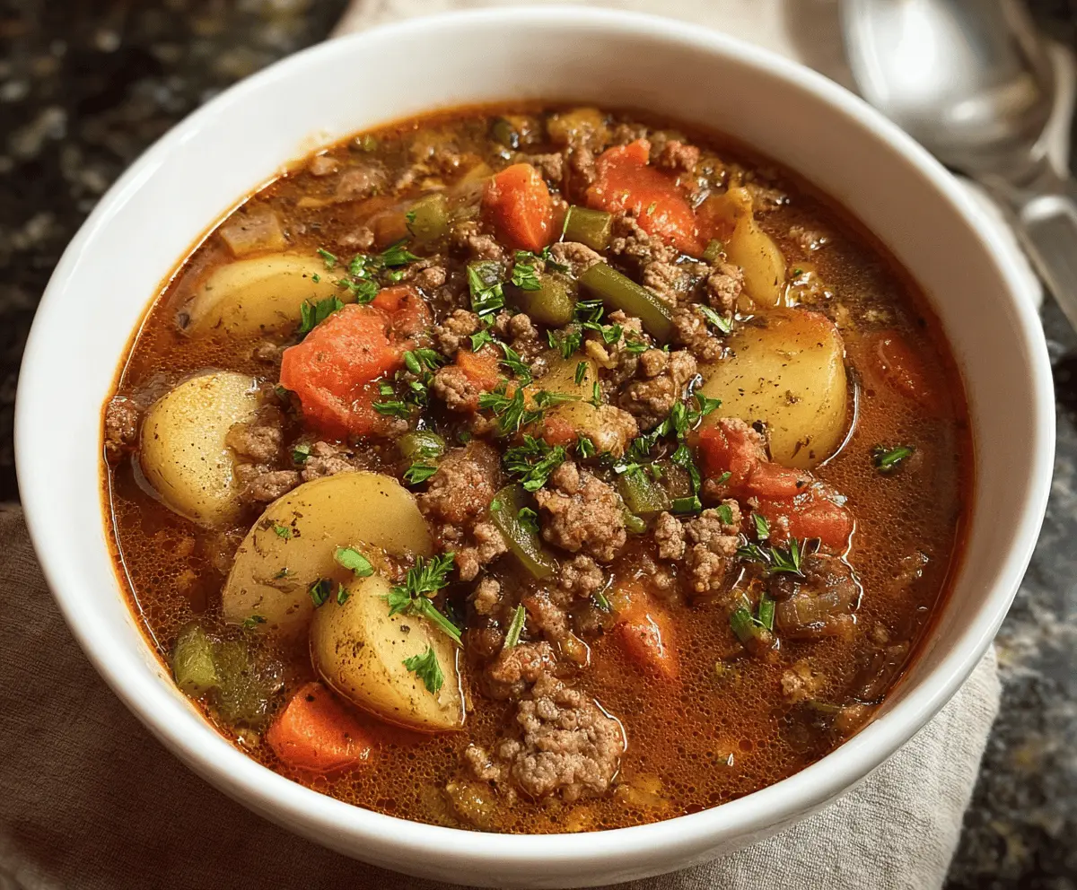 A hearty bowl of hamburger stew with tender beef, vegetables, and savory broth, served with fresh bread on the side.