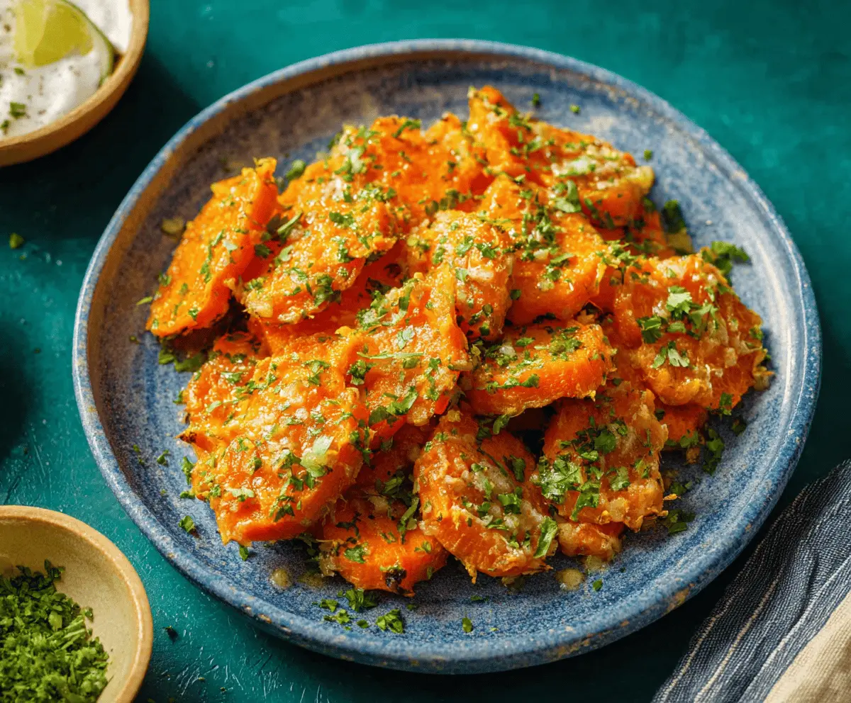 Colorful plate of healthy smashed carrots garnished with fresh herbs, showcasing a nutritious and vibrant side dish