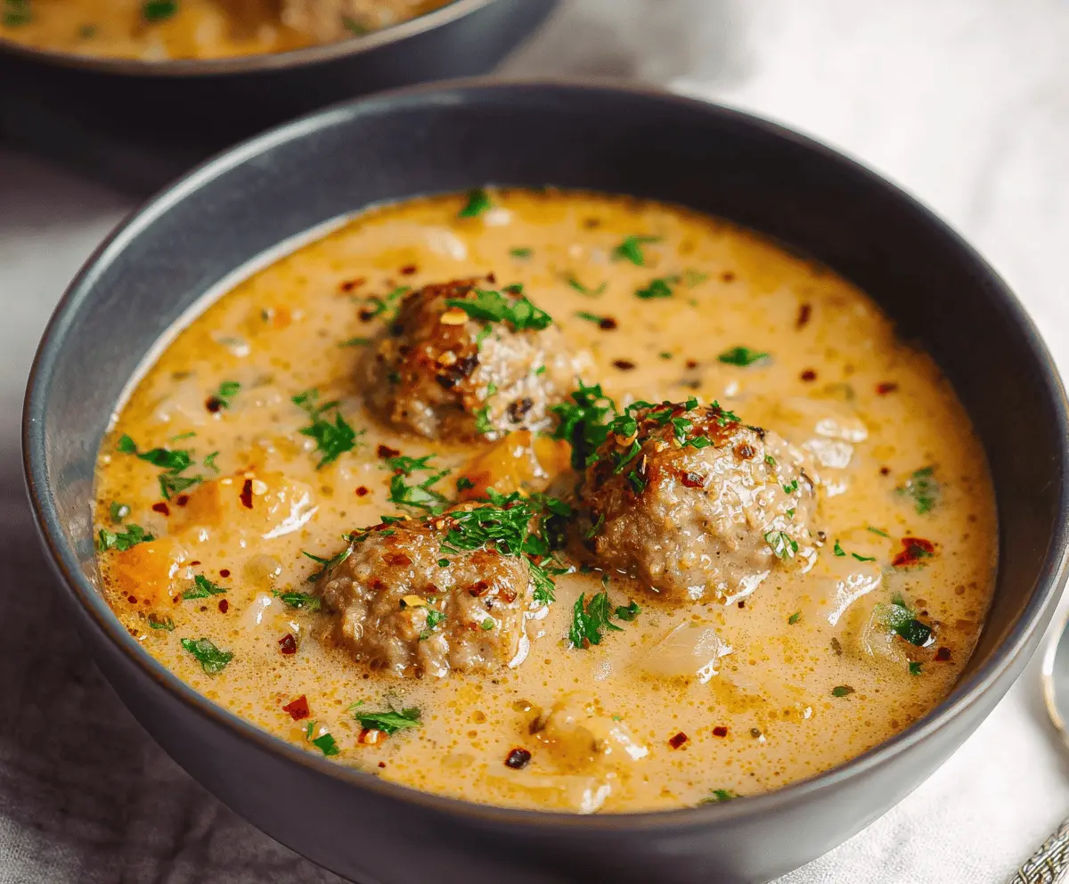 A steaming bowl of hearty Swedish meatball soup with tender meatballs, vegetables, and herbs in a flavorful broth, garnished with fresh parsley.