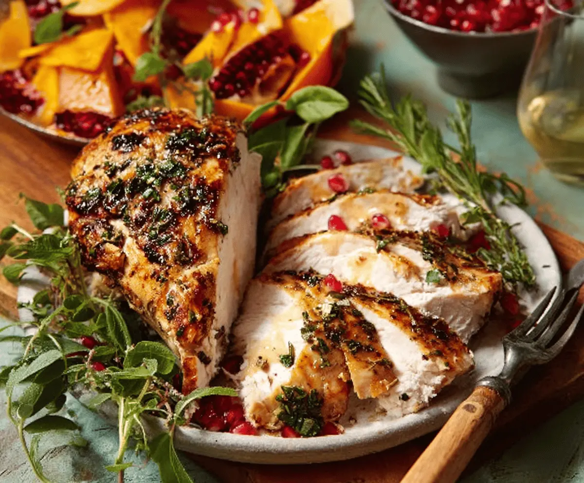 Herb-roasted turkey breast served for Christmas dinner with fresh herbs and golden crispy skin