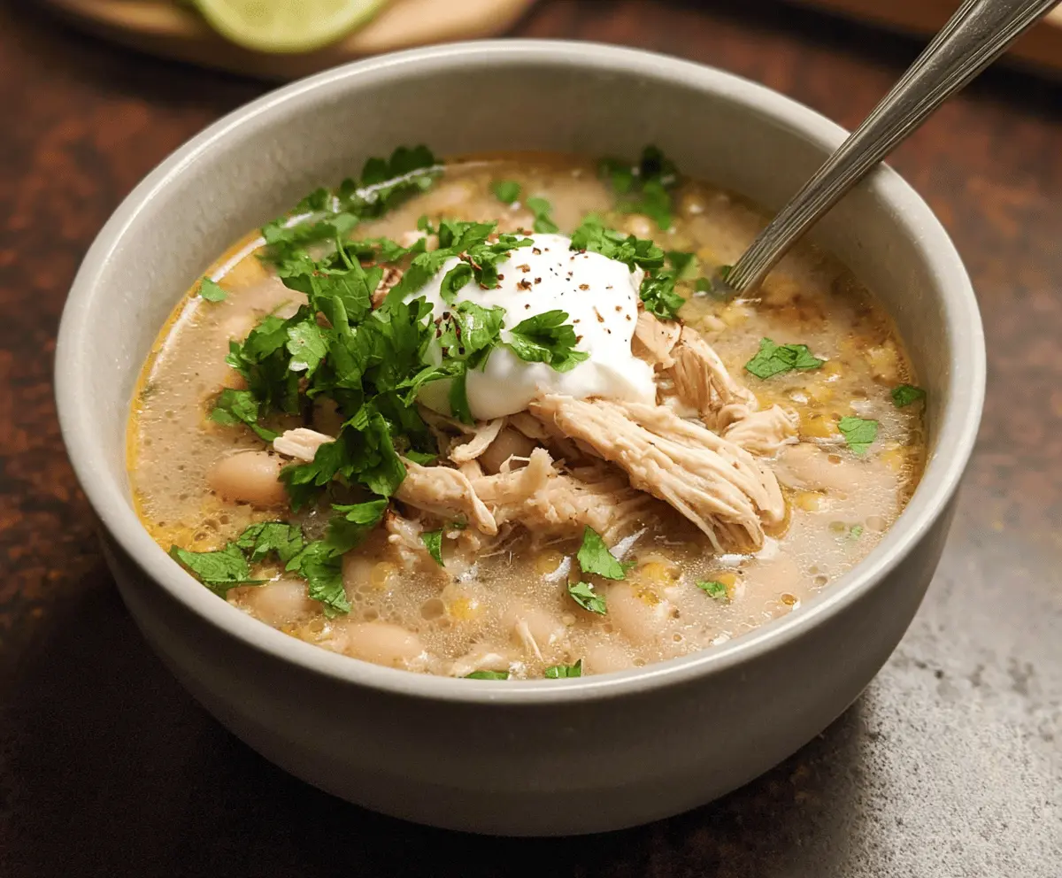 Creamy white chicken chili with high protein and low carb ingredients served in a bowl, garnished with fresh herbs and topped with shredded cheese.