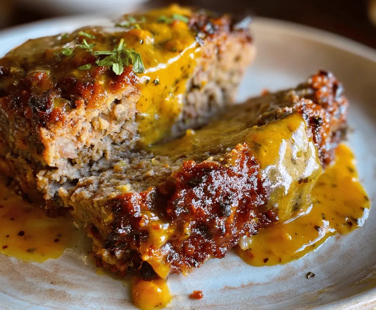 Honey Mustard Meatloaf topped with a glossy honey mustard glaze, served on a white plate with fresh herbs for a flavorful and juicy comfort food meal.
