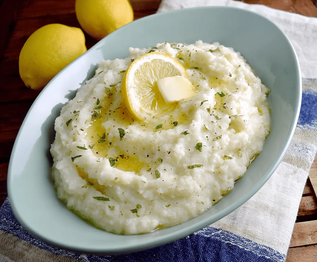 Creamy lemon garlic mashed cauliflower in a bowl, garnished with fresh herbs, perfect for a healthy low-carb side dish.