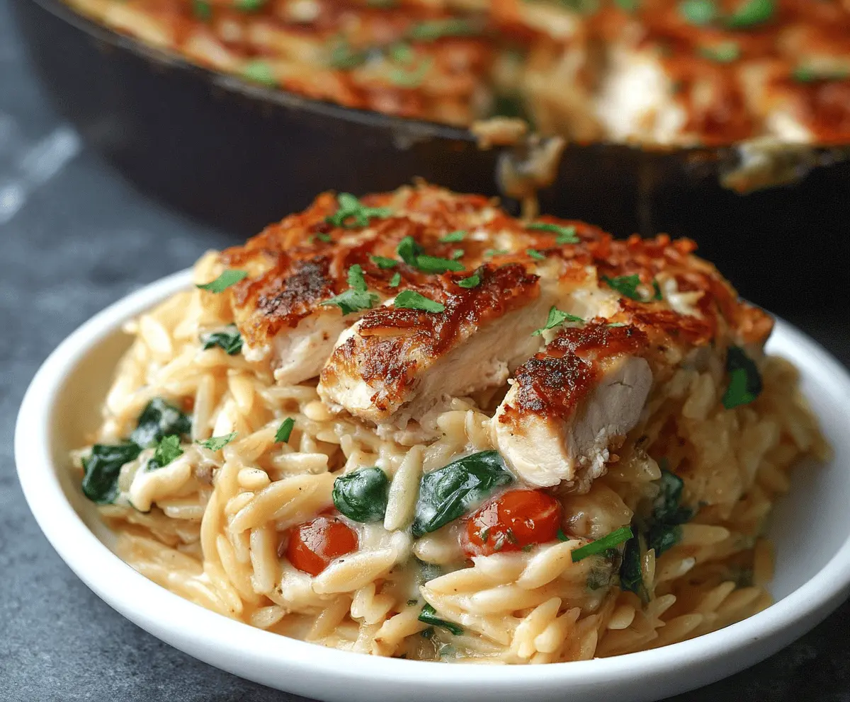 Delicious Monterey Chicken One Pan Orzo recipe featuring seasoned grilled chicken, creamy orzo pasta, fresh vegetables, and melted cheese served on a white plate.