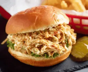 Delicious Ohio Shredded Chicken Sandwich topped with pickles and creamy sauce on a toasted bun, ready to serve