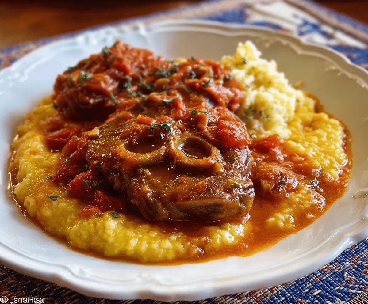 Delicious Ossobuco Alla Milanese served with saffron risotto, showcasing tender veal shanks braised in rich tomato sauce and garnished with gremolata.