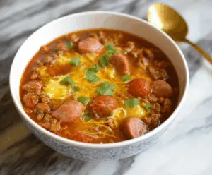 Hearty Paleo Chili Dog Soup in a bowl with toppings, perfect for a gluten-free and grain-free meal.