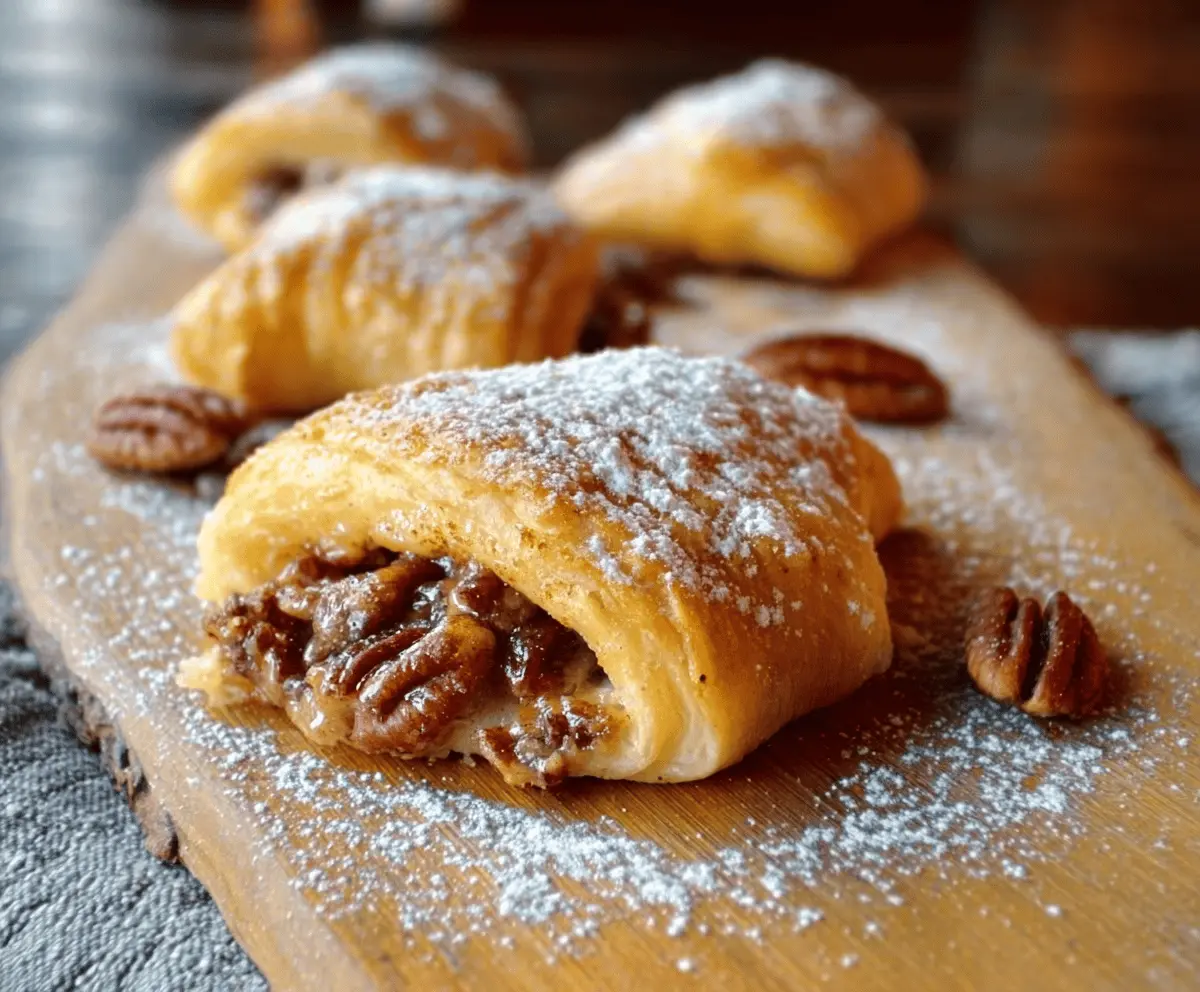 Delicious pecan pie crescent rolls with golden crust and caramelized pecans, perfect for dessert or snack
