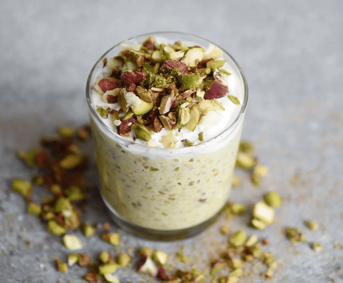 Creamy pistachio overnight oats topped with chopped pistachios and fresh berries in a glass jar, perfect for a healthy breakfast