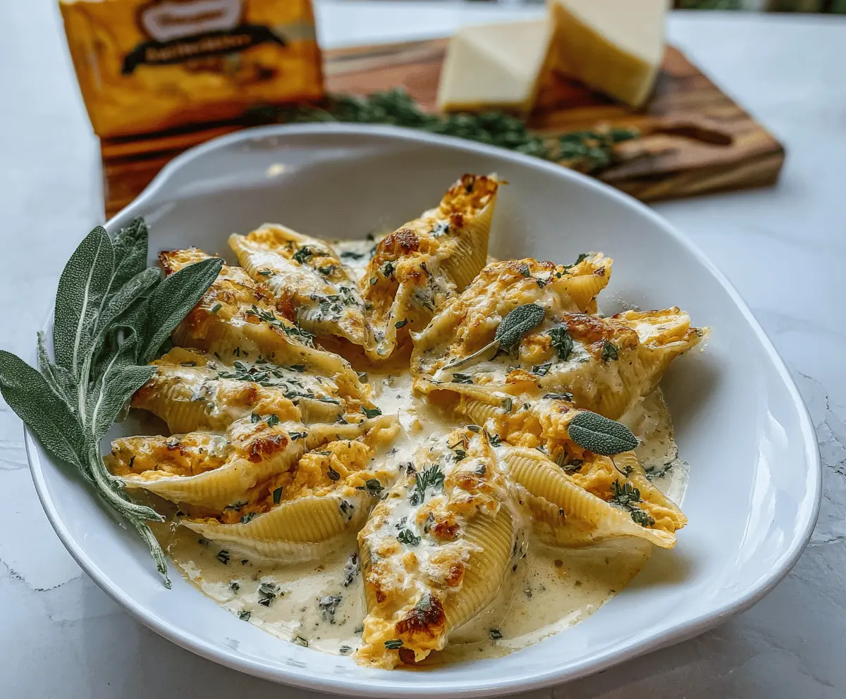 Creamy pumpkin and gouda stuffed pasta shells topped with brown butter and sage Alfredo sauce, garnished with fresh herbs.