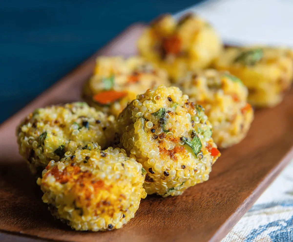 Delicious homemade Quinoa Veggie Bites arranged on a plate, featuring colorful vegetables and crispy golden crust, perfect for a healthy snack or appetizer.