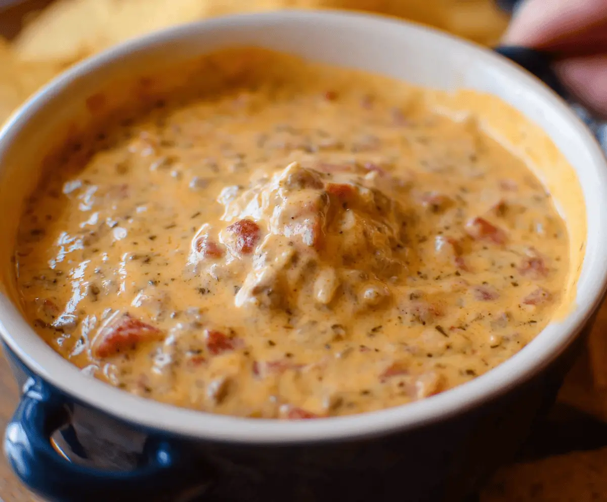 Creamy Rotel Dip with melted cheese, diced tomatoes, and savory seasonings served in a bowl, perfect for sharing at parties.