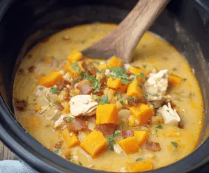 Creamy slow cooker chicken and sweet potato chowder in a bowl with fresh herbs, perfect for a comforting, hearty meal