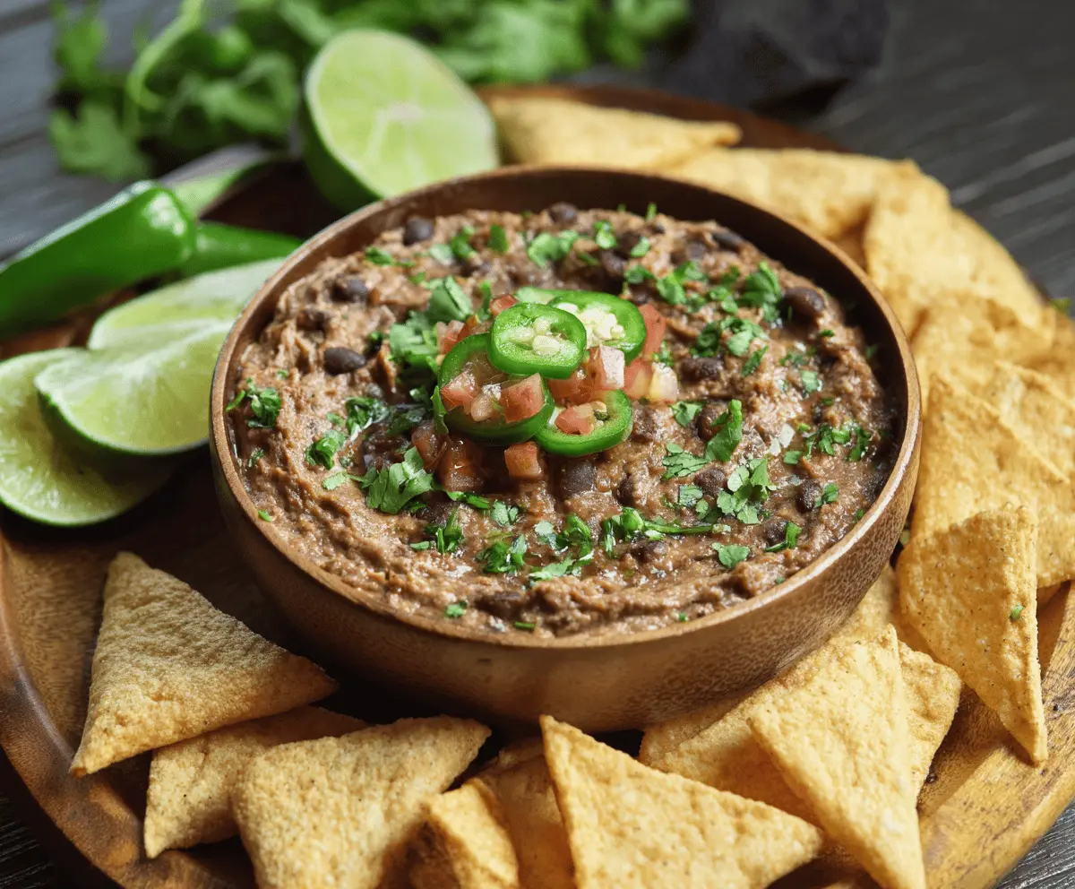 Creamy smoky black bean dip garnished with chopped cilantro and a sprinkle of smoked paprika in a bowl with tortilla chips on the side.