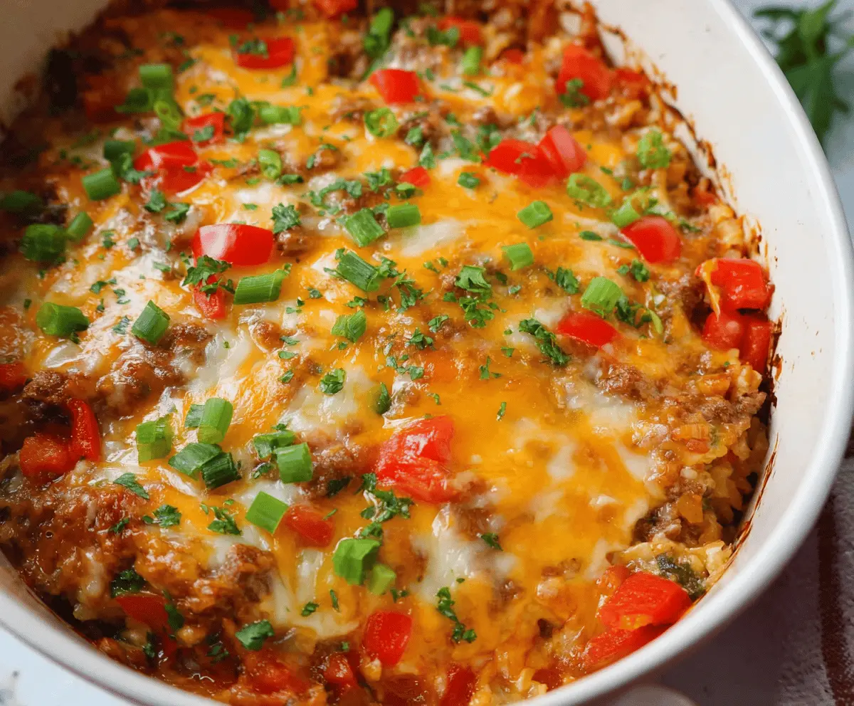 Delicious stuffed pepper casserole featuring colorful bell peppers, seasoned ground meat, melted cheese, and fresh herbs in a baked dish