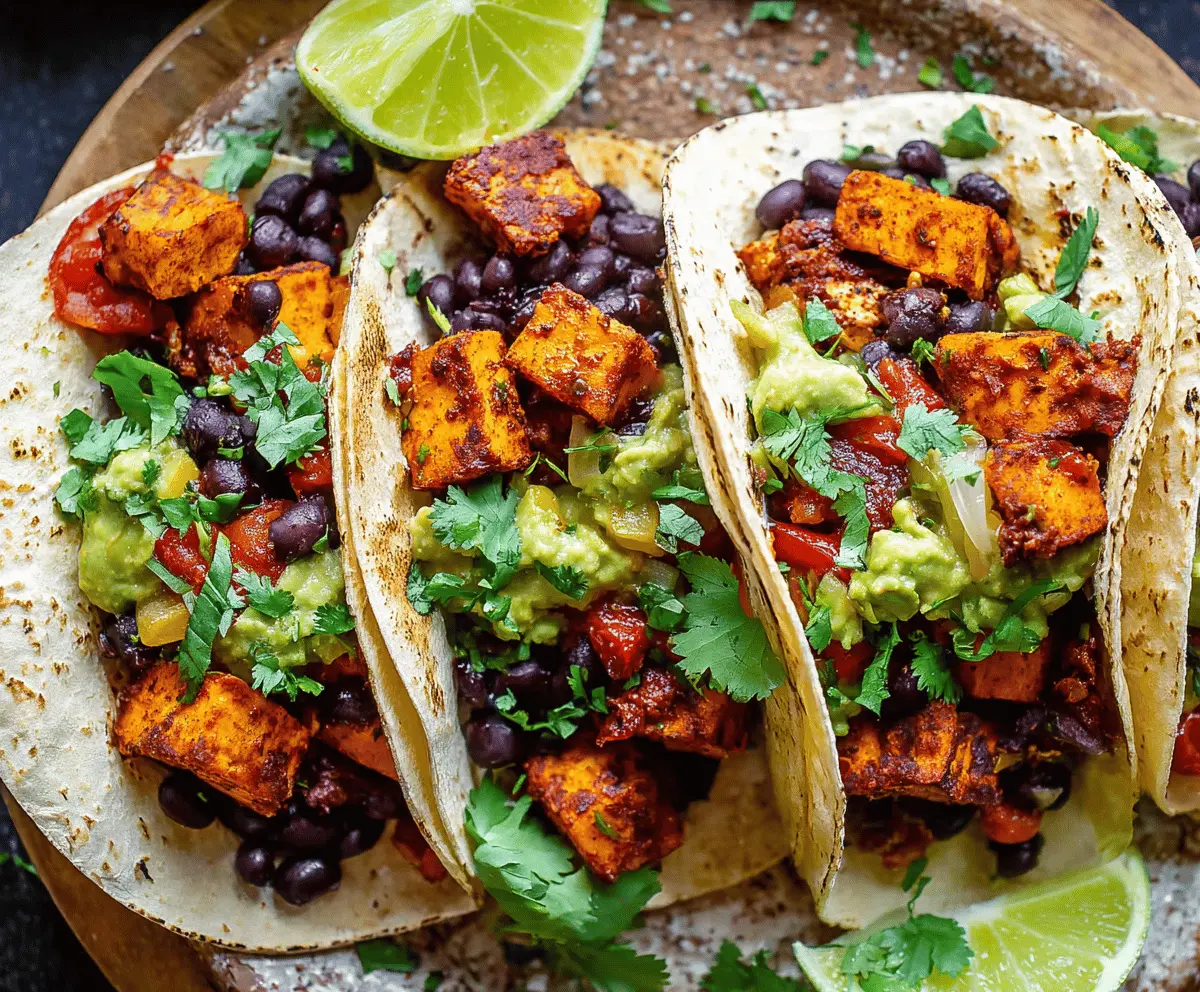 Colorful sweet potato and black bean tacos topped with fresh cilantro and diced onions, perfect for a healthy vegetarian meal.