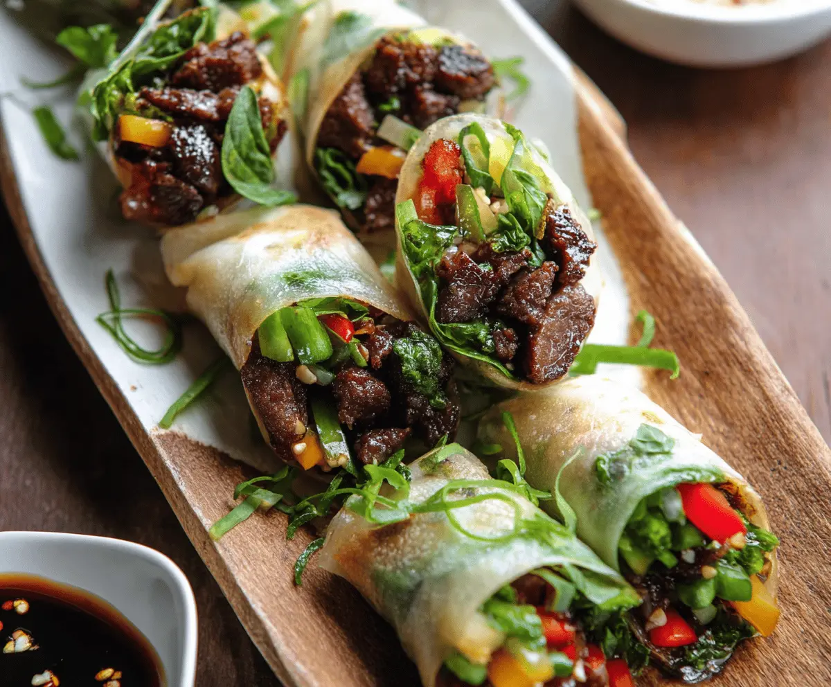 Delicious Thai Basil Beef Rolls filled with seasoned beef, fresh basil, and crisp vegetables, served with dipping sauce on a white plate