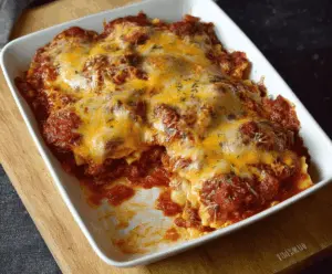 Delicious 3 Ingredient Ravioli Bake, also known as Lazy Lasagna, served hot in a baking dish.