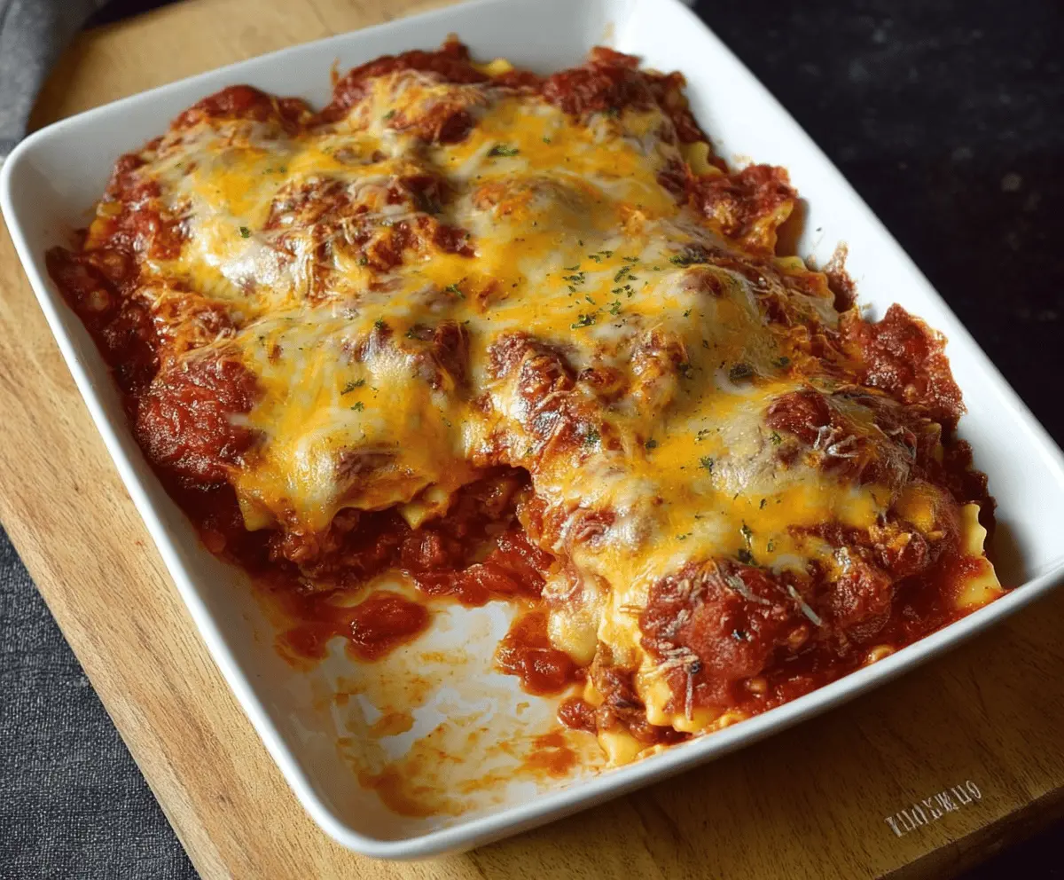 Delicious 3 Ingredient Ravioli Bake, also known as Lazy Lasagna, served hot in a baking dish.