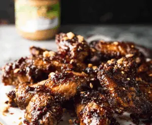Delicious baked peanut butter and jelly chicken wings served with fresh herbs and a side of vegetables.