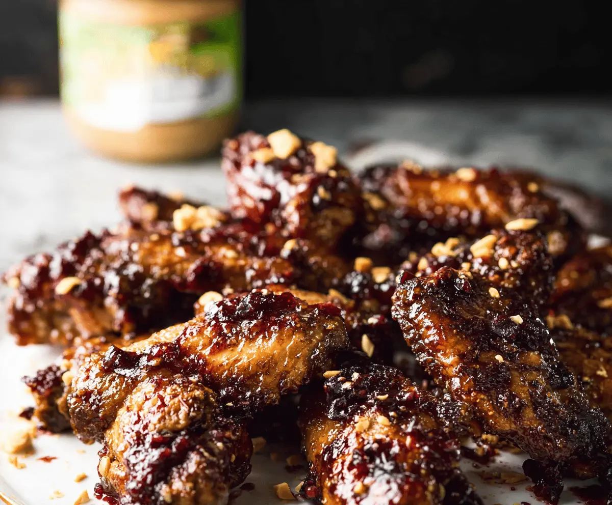 Delicious baked peanut butter and jelly chicken wings served with fresh herbs and a side of vegetables.