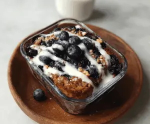 Delicious blueberry muffin bowl with fresh blueberries and crumb topping on a rustic plate