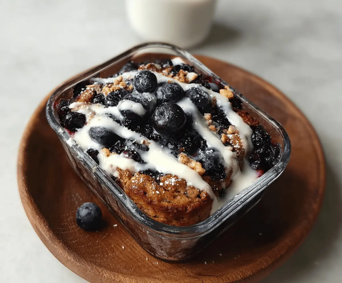 Delicious blueberry muffin bowl with fresh blueberries and crumb topping on a rustic plate