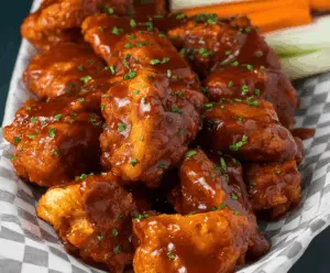 Juicy boneless BBQ wings served with a side of fresh vegetables, perfect for a tasty meal.