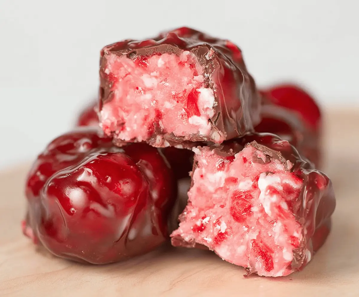 Delicious Cherry Mash Candy with rich cherry flavor and creamy chocolate coating on a rustic background