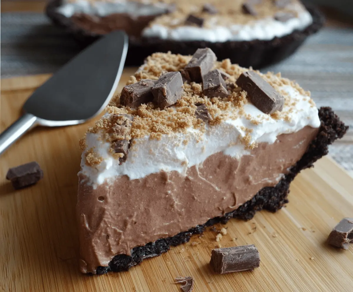 Delicious chocolate marshmallow cream pie with a rich, creamy topping and a chocolaty crust.